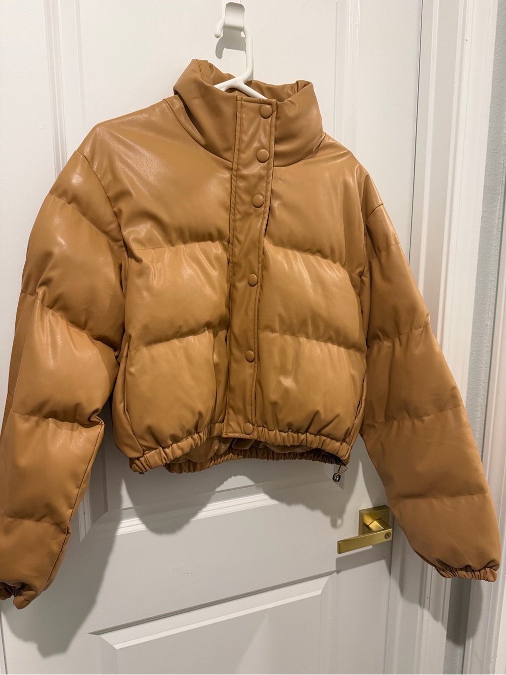 Women’s Tan Brown Puffer Jacket Cropped Faux Leather High Tube Funnel Neck